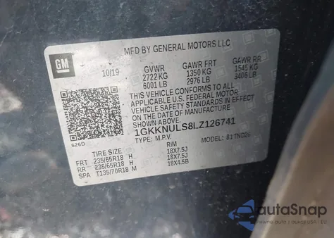 2020 GMC Acadia Awd Slt z USA, uszkodzony, nr VIN 1GKKNULS8LZ126741